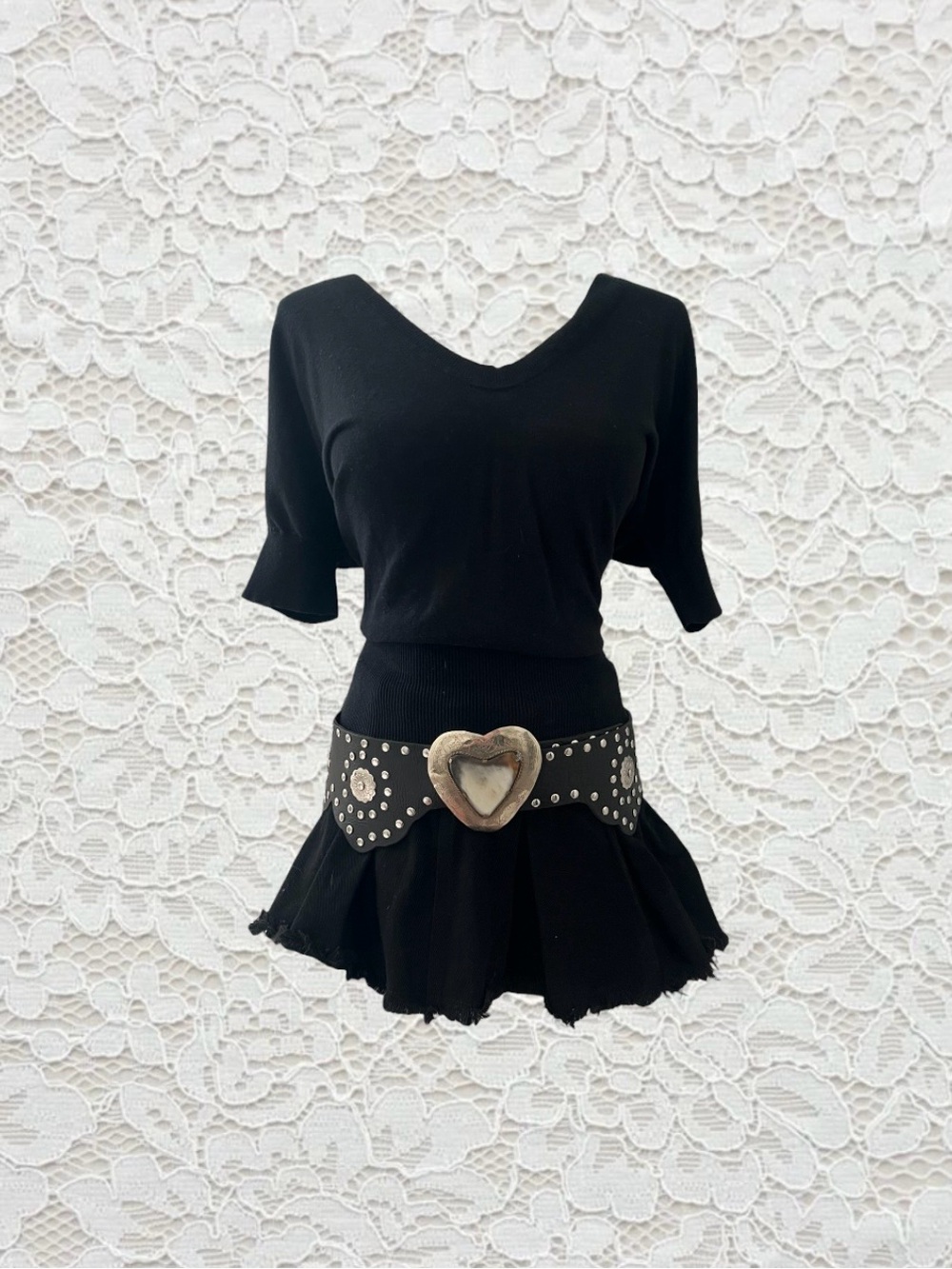 vintage black belt with silver studs and heart-shaped buckle